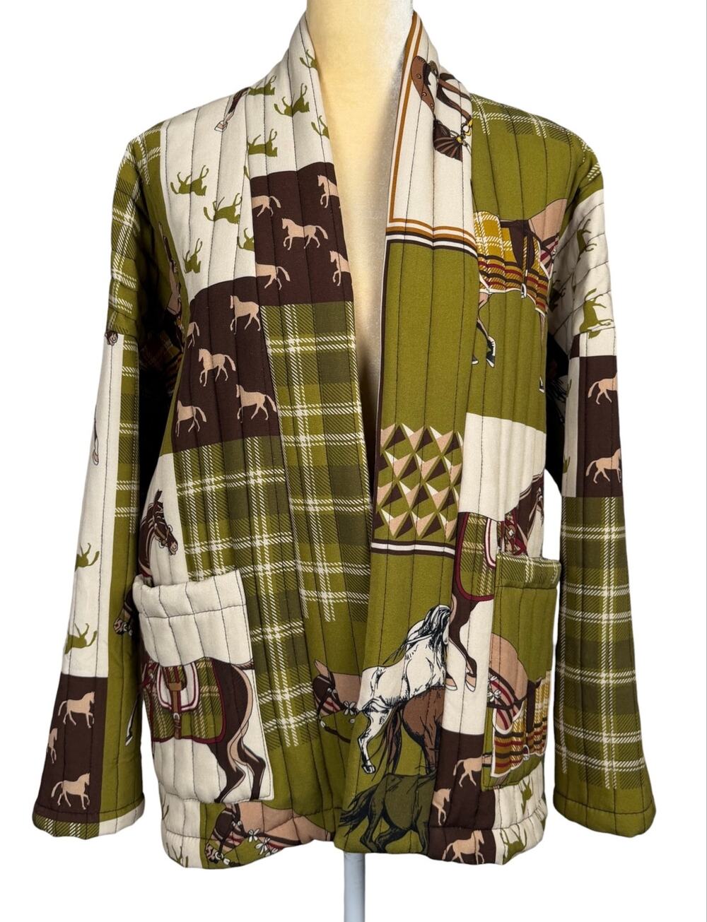 Cecile Wang Quilted Horse Print Open Front Kimono Jacket One Size Country Chic